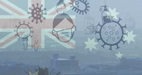 Floating stylized virus illustration in hazy port, with UK and Australian flags and hygiene icons