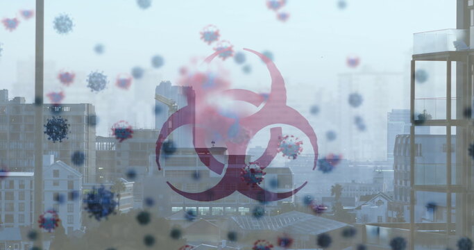 Showing urban skyline at high-rise balcony featuring red biohazard symbol overlay with virus icons