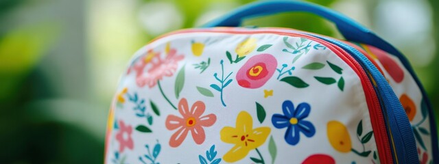 Obraz premium A colorful floral lunchbox with vibrant patterns, ideal for carrying meals or snacks.