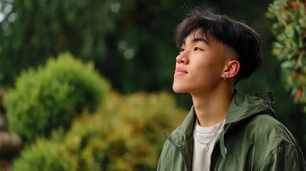 Pensive young man gazes upward in a verdant park