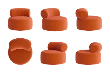 Set of six views of a contemporary orange armchair with a simple, geometric, minimalistic shape and boucle cover. Front view, side views, top view, and perspective views. 3d render