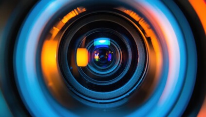 Studio camera lens close-up, colorful bokeh, filming