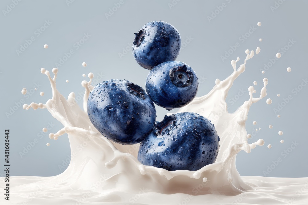 Poster a refreshing and vibrant image of fresh blueberries splashing into creamy white milk creating dynami