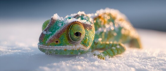 A lizard is laying on the snow