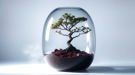 Small Tree Growing Inside Glass Terrarium on White Surface