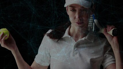 Female tennis athlete holding ball and racket in sports tech lab showing digital network overlay - Powered by Adobe