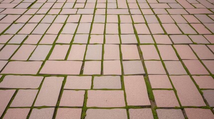 Fototapeta premium Stone Pavement with Moss Growing Between Bricks Outdoor Texture