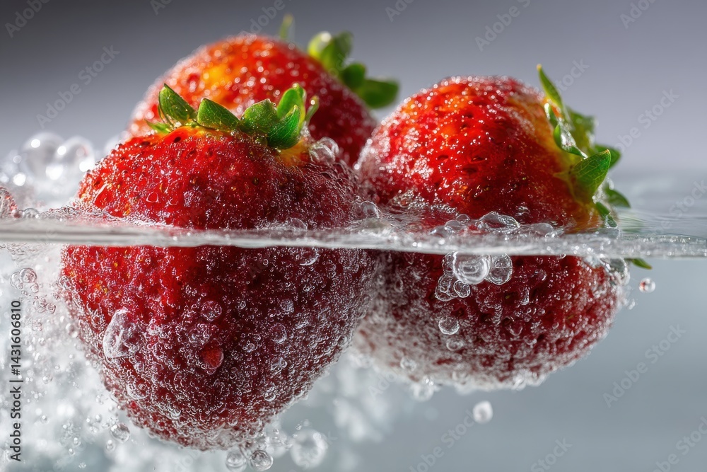 Aufkleber three fresh, ripe strawberries partially submerged in water, surrounded by tiny bubbles, creating a 