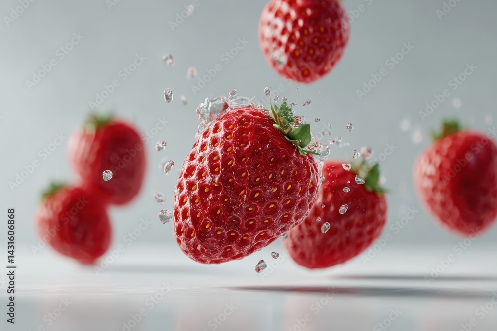 Poster fresh and vibrant strawberries in a splash of water, creating a refreshing and inviting image that h