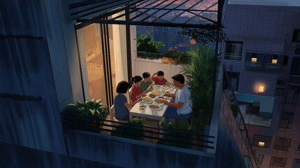 Dinner on a Cozy Urban Balcony with Family at Dusk