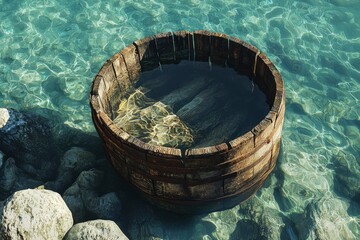 Fototapeta premium Wooden barrel sits in clear shallow water near rocks