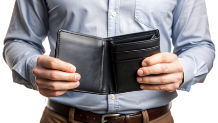 empty black wallet-in male hands isolated on white background PNG. GENERATIVE AI