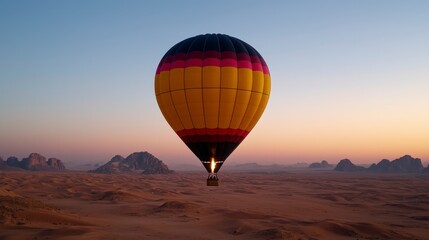 Obraz premium Hot air balloon, black, yellow, pink, and red, rises over a vast desert landscape at dawn. The balloon is the central focus against a soft sunrise sky. Rocks and sand dunes stretch to the horizon.