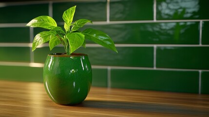 Vibrant green plant with water droplets in a speckled green pot sits on a wooden surface against a backdrop of green tiles. Soft, warm light illuminates the scene.