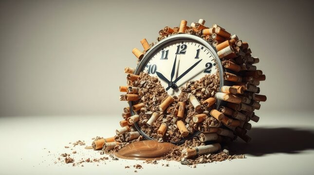 Clock Surrounded by Cigarette Butts Representing Wasted Time