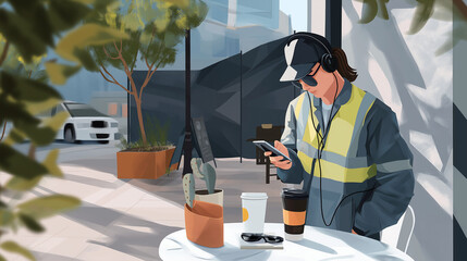 Worker checking pension fund on phone during busy midday break