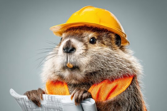 A humorous portrait of a beaver dressed as a construction worker reviewing blueprints, wearing a yellow hard hat and orange safety vest against a neutral background.