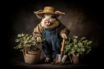 A whimsical image of a piglet dressed as a gardener, complete with overalls, a straw hat, and a trusty shovel, amidst lush potted plants against dark background.