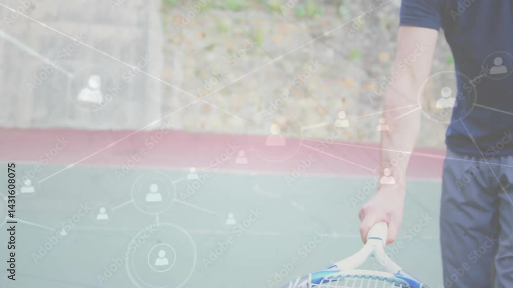 Poster man gripping tennis racket on outdoor court, displaying tech network icons linking performance data