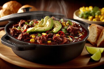 A hearty bowl of steaming chili with beef, beans, corn, and avocado slices, garnished with fresh cilantro and served with crusty bread and lime wedges.
