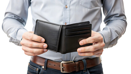 empty black wallet-in male hands isolated on white background PNG. GENERATIVE AI