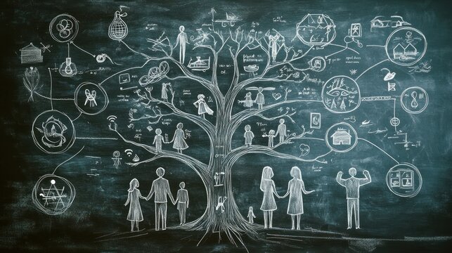 Chalkboard family tree depicting generations, relationships, and life events.