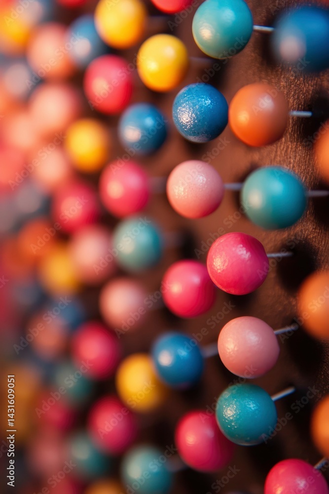Poster colorful spherical pins arranged in rows on a dark surface