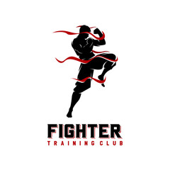 Silhouette of a muscular boxer with ribbons logo design template