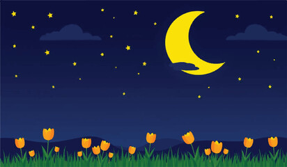Mozart Bedtime Illustration, Night Scene, Moon and Stars, night scene vector desing . moon star vector design 

