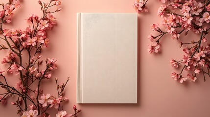 A pristine white book cover mockup rests elegantly on a soft pink background adorned with delicate cherry blossom branches creating a serene and sophisticated sptime aesthetic.