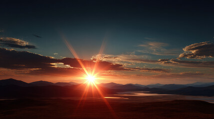 The radiant sun bursts over misty mountains and a winding river at dawn, painting the sky with hues of orange, pink, and blue in a stunning landscape scene.