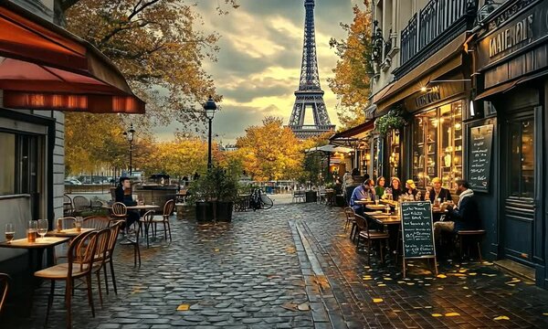 Autumn evening in Paris with diners enjoying meals by the Eiffel Tower amidst golden leaves
