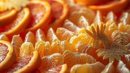Close up display of orange slices arranged into the shape of a flying bird Peel