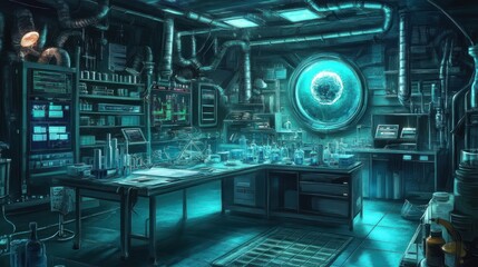 Futuristic underwater lab interior with glowing orb, equipment, and consoles.