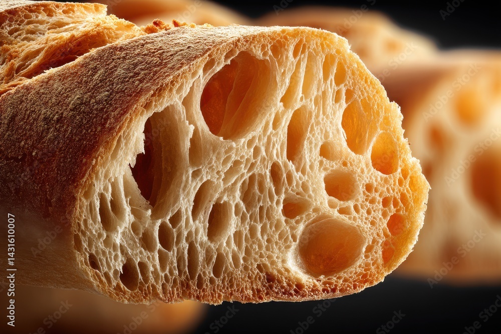 Poster close-up of a freshly baked baguette showing a beautiful and airy crumb structure, with a golden cru