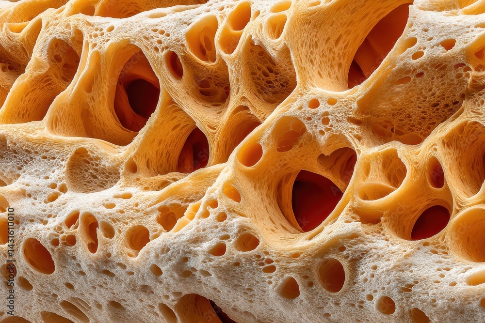 Poster a close-up abstract of a porous, bone-like texture with interconnecting hollows, highlighting its un