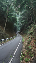Scenic Forest Highway Road Winding Through Green Mountains – Summer Travel Landscape with Trees, Sky, and Asphalt Curve