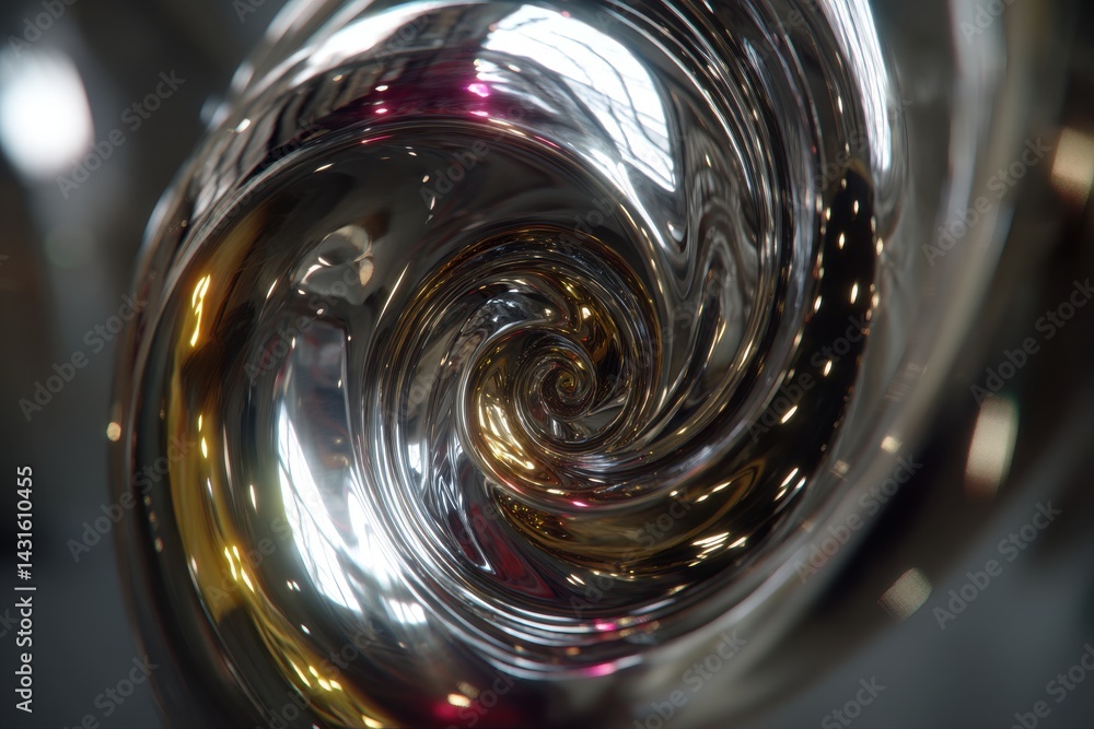 Poster Abstract swirl pattern with chrome and gold colors reflecting light in a spiral shape, creating a mesmerizing and captivating visual effect that draws the viewer's eye.