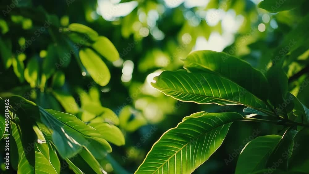 Aufkleber sunlight streams through vibrant green leaves on a tree branch creating a bokeh effect for a natural