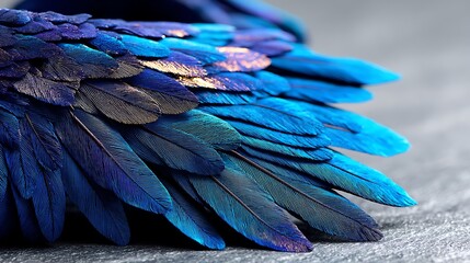 Obraz premium Close-up of iridescent blue and purple feathers, arranged in a wing-like formation