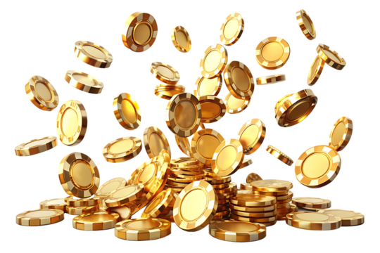 golden casino chips falling isolated on white background PNG. GENERATIVE AI