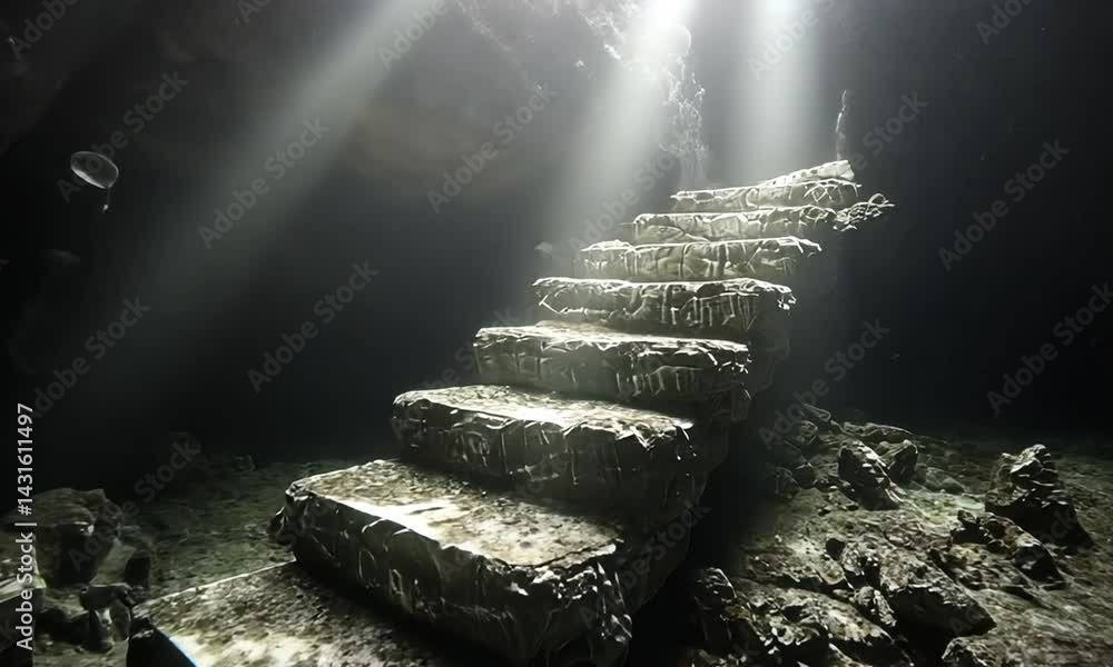 Poster mysterious underwater staircase illuminated by beams of light in a dark cave setting