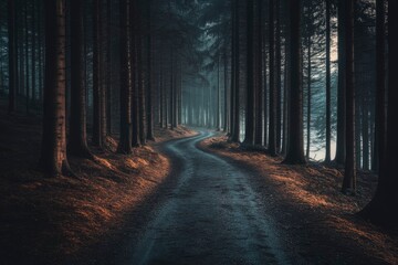 Fototapeta premium Winding Forest Road Through Tall Dark Trees