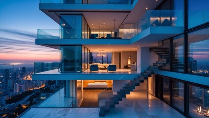 Fototapeta premium An elegant ultramodern two-storey penthouse with sleek design and panoramic views from the first floor for luxurious living
