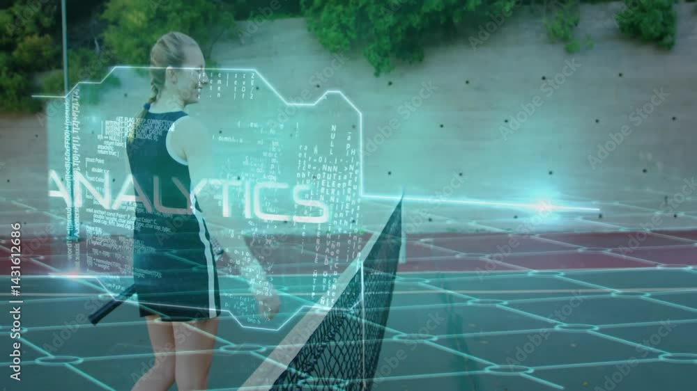 Poster female tennis player extending right hand across net while digital grid overlay showing technology