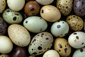 Obraz premium A Collection Of Speckled Quail Eggs Displayed Close Up