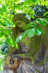 Historic Statue on the spring mystery old Prague Cemetery, Czech Republic 