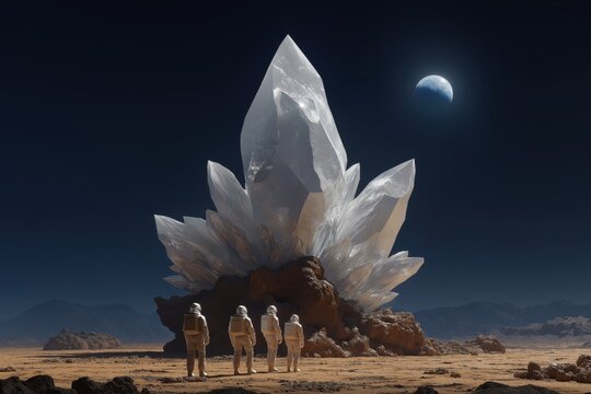 Human Scientists Encounter Towering Crystal Entity on Silent Lunar Surface