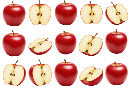 Ruby apples halved  whole against an infinite black canvas