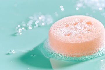 A pink makeup sponge floats in a pool of foamy water